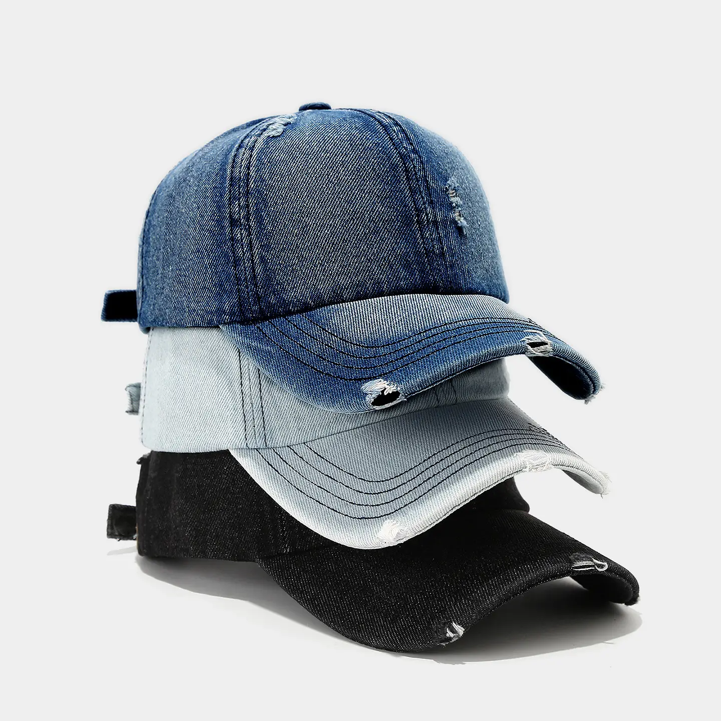 Women Denim Distressed Cap Sun Hat Blue Black
