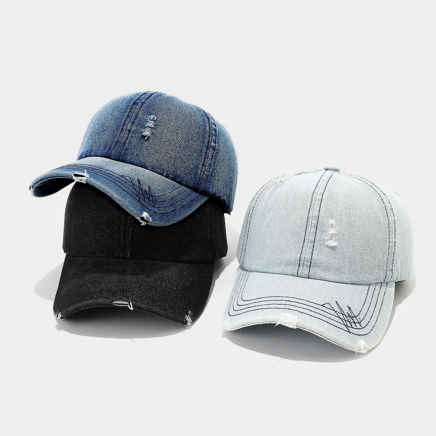 Women Denim Distressed Cap Sun Hat Blue Black