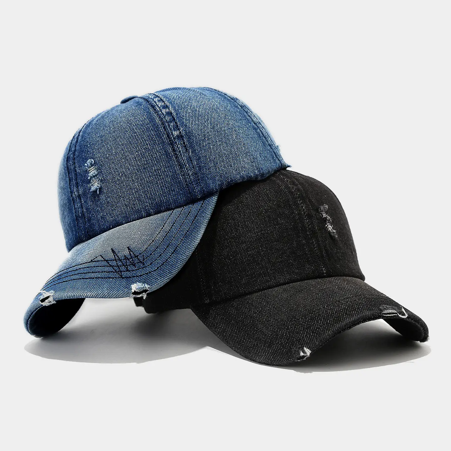 Women Denim Distressed Cap Sun Hat Blue Black