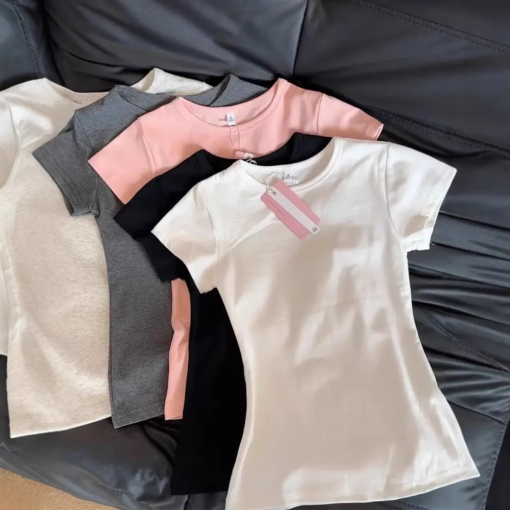 American-Style Short-Sleeved T-Shirt for Girls, Summer Slim Fit, Multi-Color, 2026 New Korean Style, Slimming Inner Wear, Waist-Cinching Tight Top