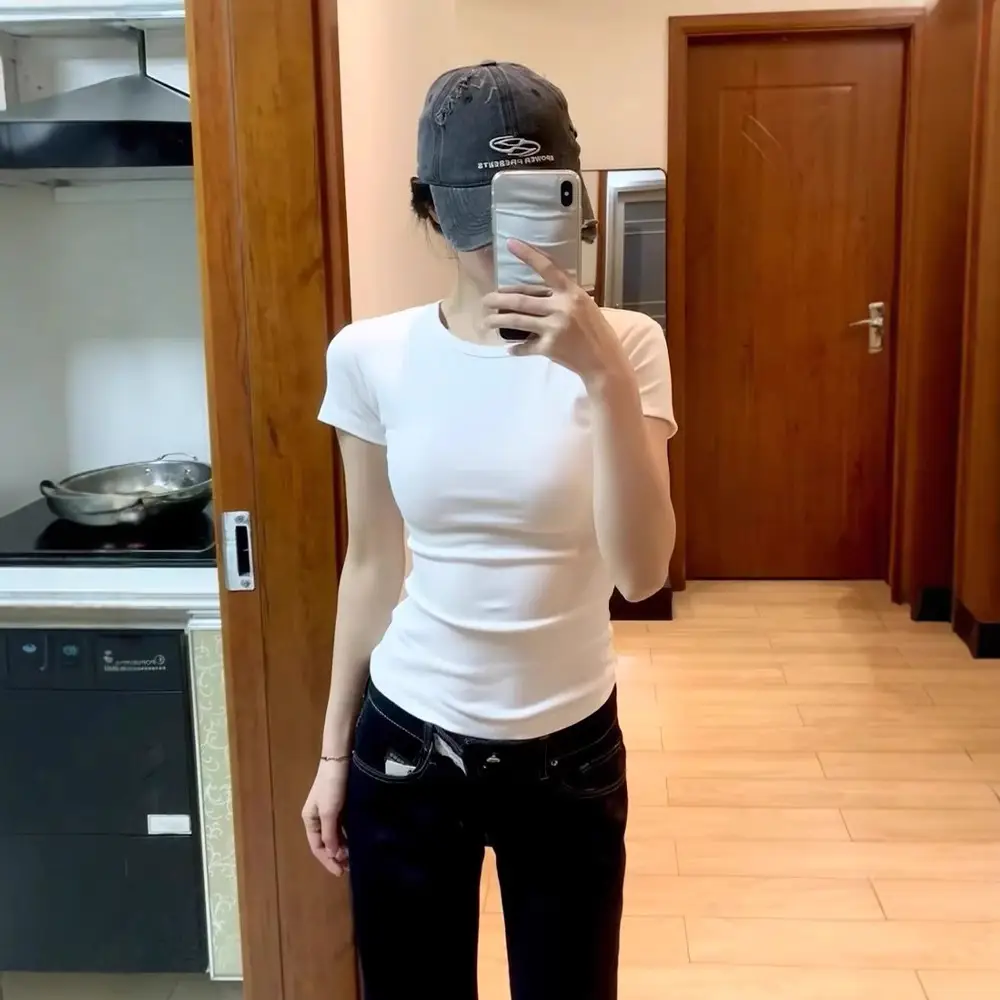 American-Style Short-Sleeved T-Shirt for Girls, Summer Slim Fit, Multi-Color, 2026 New Korean Style, Slimming Inner Wear, Waist-Cinching Tight Top