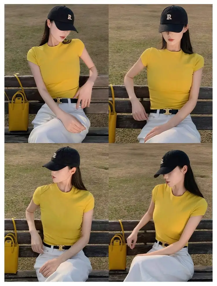 American-Style Short-Sleeved T-Shirt for Girls, Summer Slim Fit, Multi-Color, 2026 New Korean Style, Slimming Inner Wear, Waist-Cinching Tight Top — feature 15