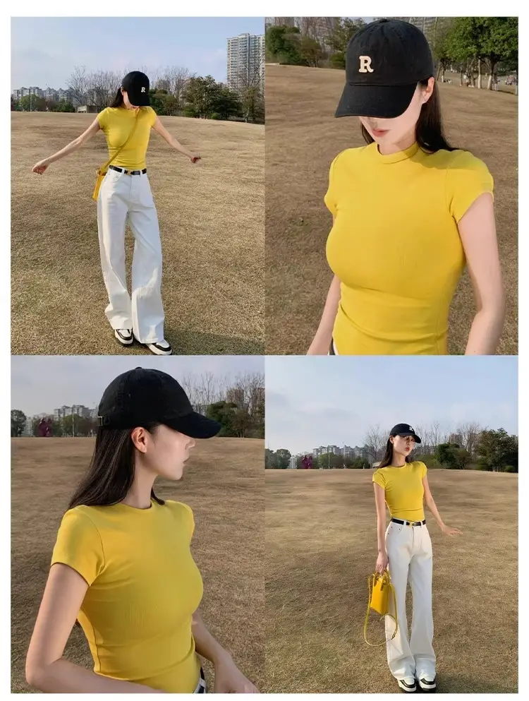 American-Style Short-Sleeved T-Shirt for Girls, Summer Slim Fit, Multi-Color, 2026 New Korean Style, Slimming Inner Wear, Waist-Cinching Tight Top — feature 16