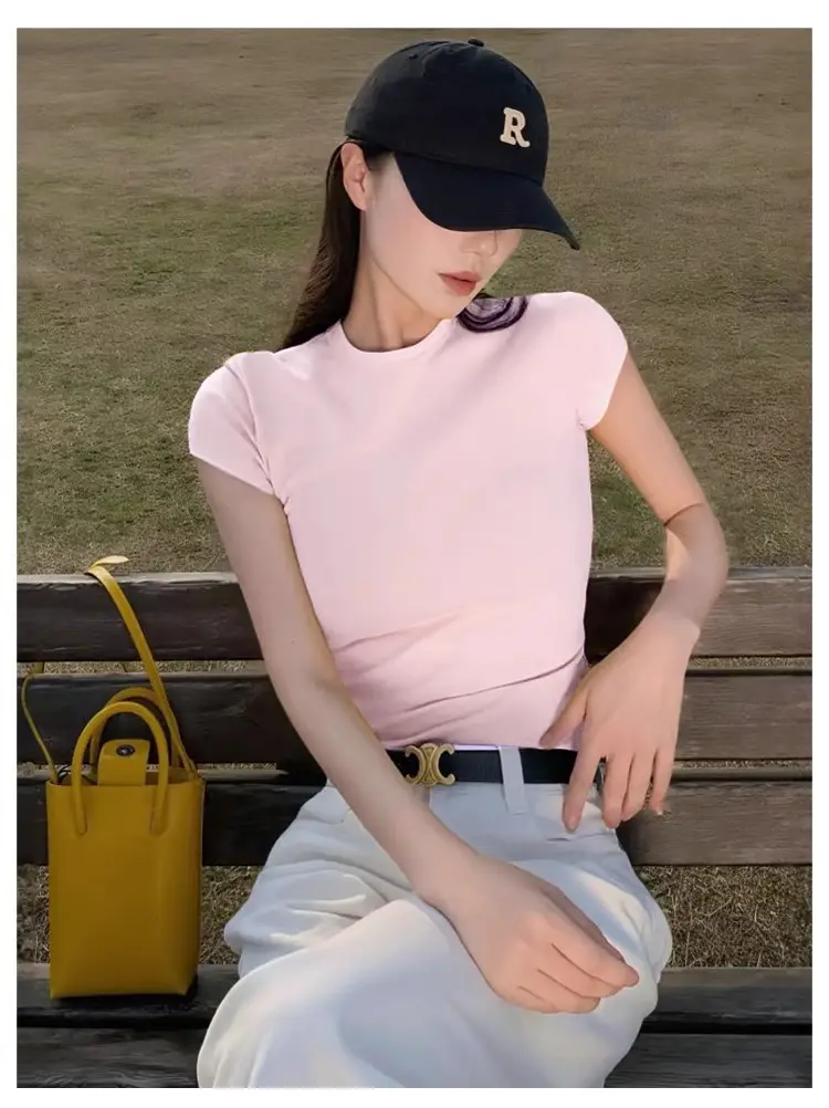 American-Style Short-Sleeved T-Shirt for Girls, Summer Slim Fit, Multi-Color, 2026 New Korean Style, Slimming Inner Wear, Waist-Cinching Tight Top — feature 23