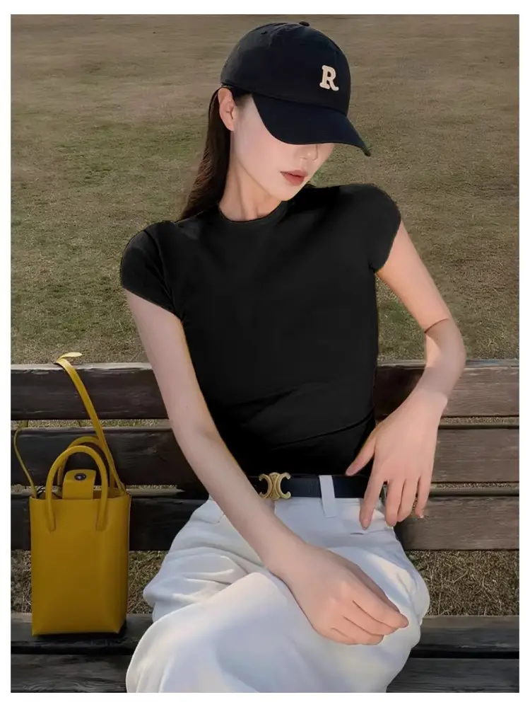 American-Style Short-Sleeved T-Shirt for Girls, Summer Slim Fit, Multi-Color, 2026 New Korean Style, Slimming Inner Wear, Waist-Cinching Tight Top — feature 24