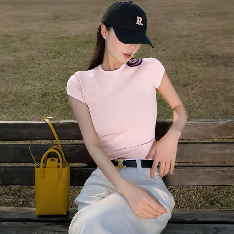 American-Style Short-Sleeved T-Shirt for Girls, Summer Slim Fit, Multi-Color, 2026 New Korean Style, Slimming Inner Wear, Waist-Cinching Tight Top