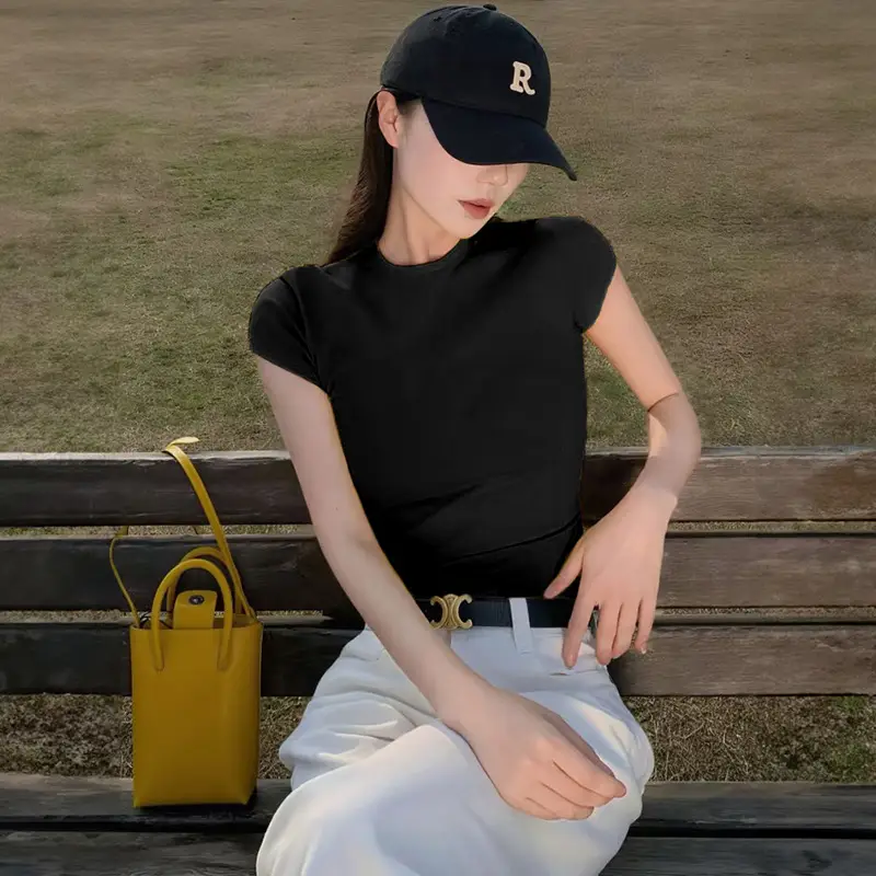 American-Style Short-Sleeved T-Shirt for Girls, Summer Slim Fit, Multi-Color, 2026 New Korean Style, Slimming Inner Wear, Waist-Cinching Tight Top