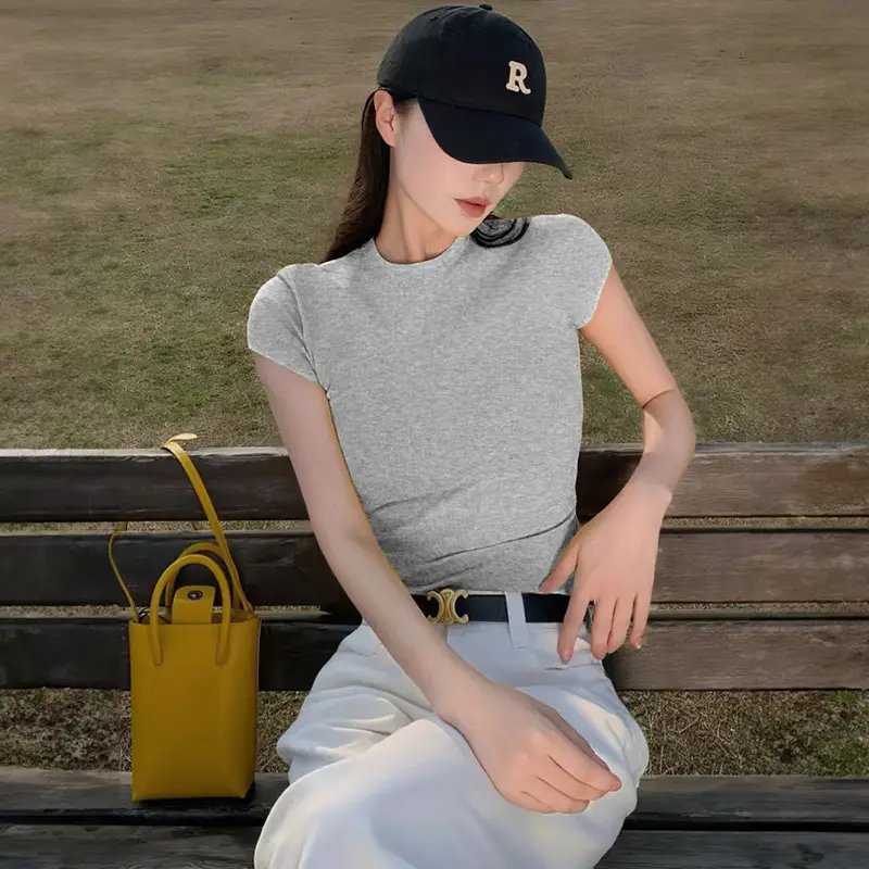 American-Style Short-Sleeved T-Shirt for Girls, Summer Slim Fit, Multi-Color, 2026 New Korean Style, Slimming Inner Wear, Waist-Cinching Tight Top