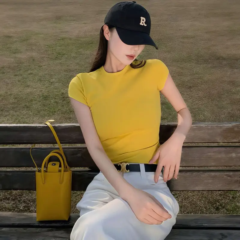 American-Style Short-Sleeved T-Shirt for Girls, Summer Slim Fit, Multi-Color, 2026 New Korean Style, Slimming Inner Wear, Waist-Cinching Tight Top