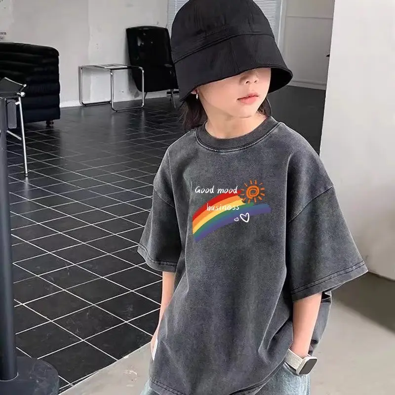 Cross-Border Boys T-Shirt Grey Rainbow Print — feature 1