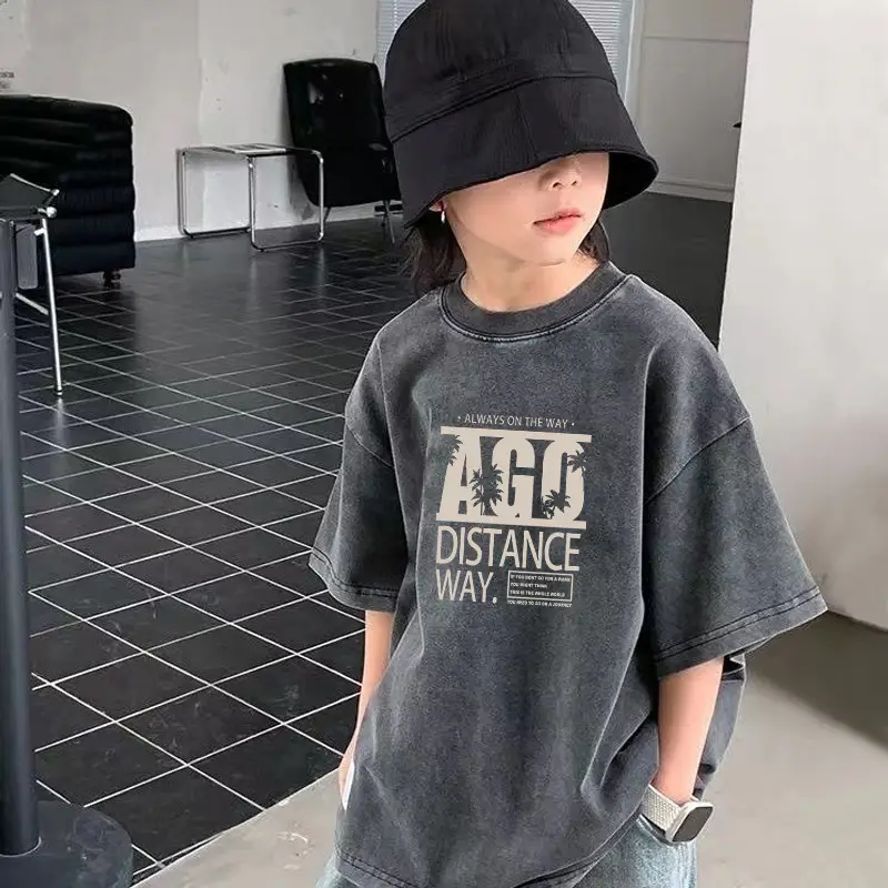 Cross-Border Boys T-Shirt Grey Rainbow Print - Image 5