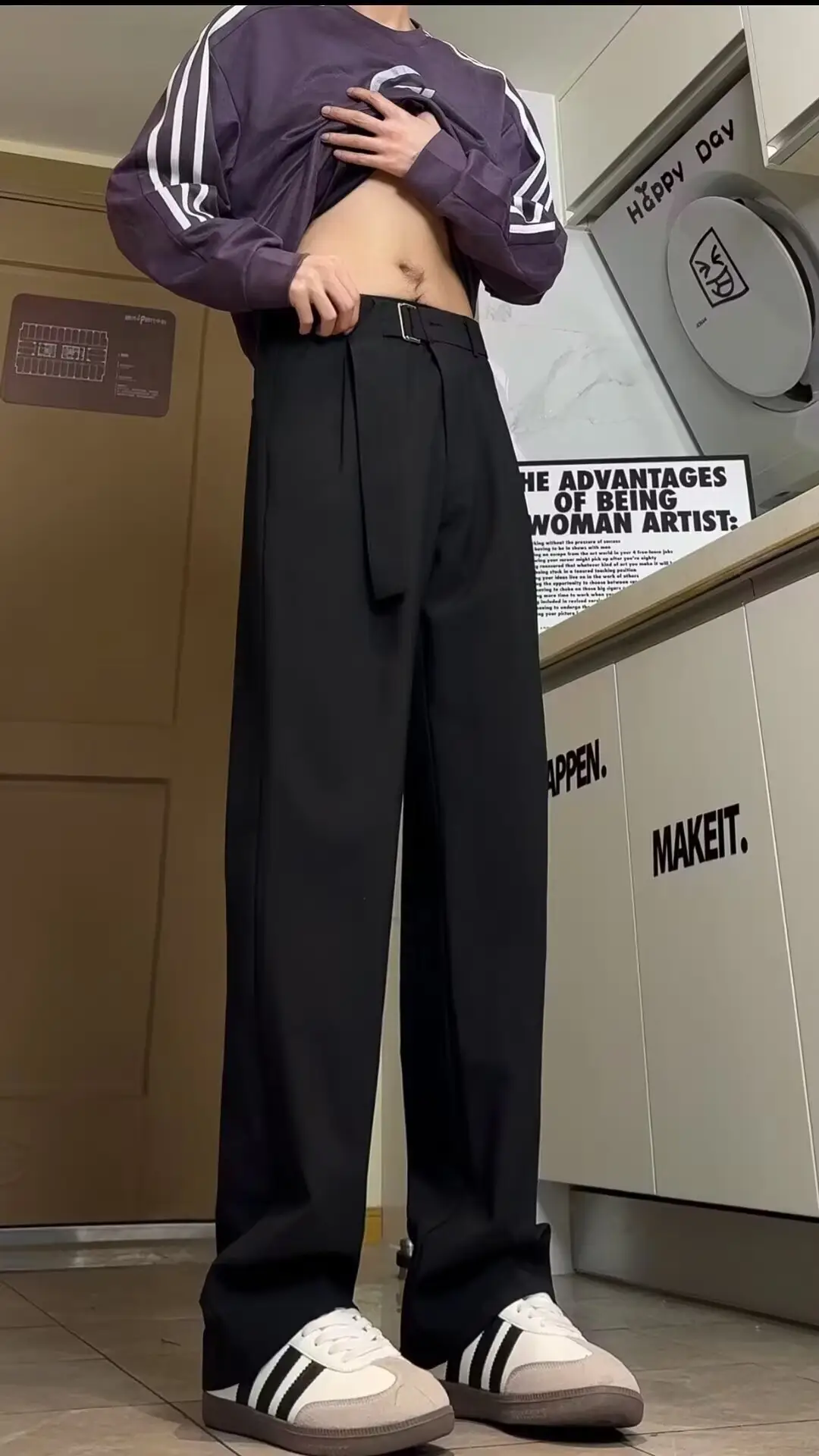 Black Ice Silk Belted Pants for Men — feature 1