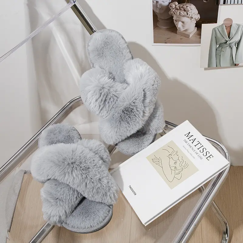 Princess Style Autumn and Winter New Internet Celebrity High-End Plush Slippers for Women's Home Thickeneded Foreign-Style Cross Cotton Slippers