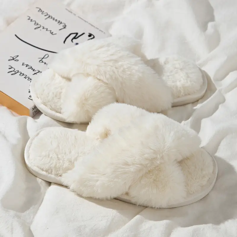 Princess Style Autumn and Winter New Internet Celebrity High-End Plush Slippers for Women's Home Thickeneded Foreign-Style Cross Cotton Slippers