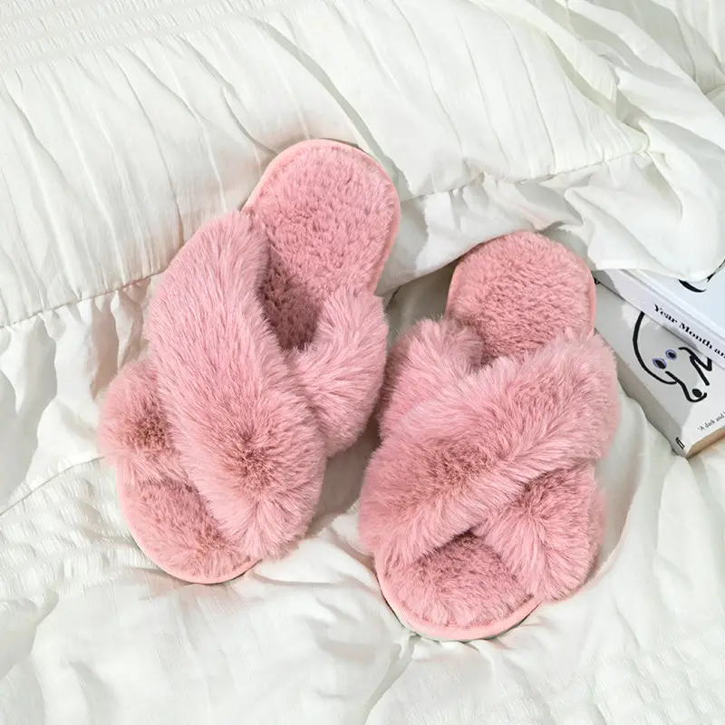 Princess Style Autumn and Winter New Internet Celebrity High-End Plush Slippers for Women's Home Thickeneded Foreign-Style Cross Cotton Slippers