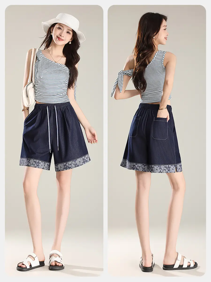 Feng and Lan Printed Denim Shorts Dark Blue 2026