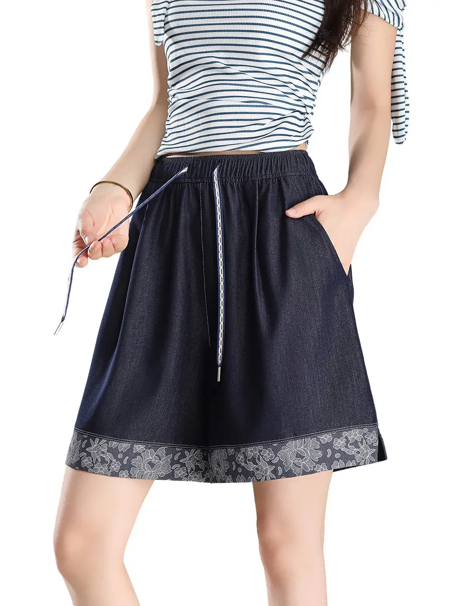 Feng and Lan Printed Denim Shorts Dark Blue 2026