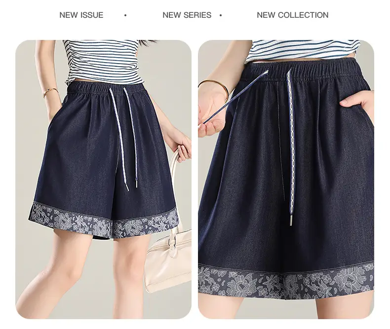 Feng and Lan Printed Denim Shorts Dark Blue 2026 — feature 32