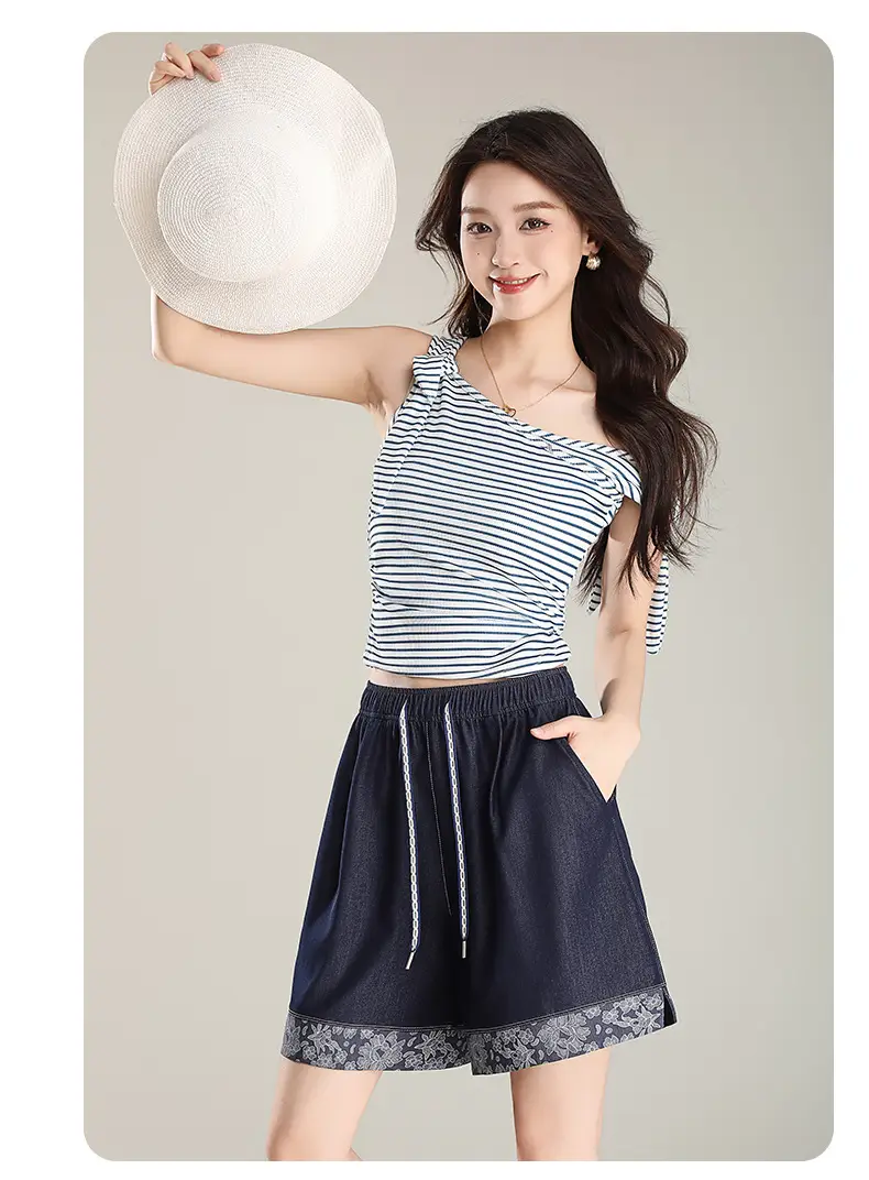 Feng and Lan Printed Denim Shorts Dark Blue 2026 — feature 33