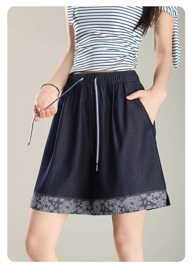 Feng and Lan Printed Denim Shorts Dark Blue 2026 — feature 34