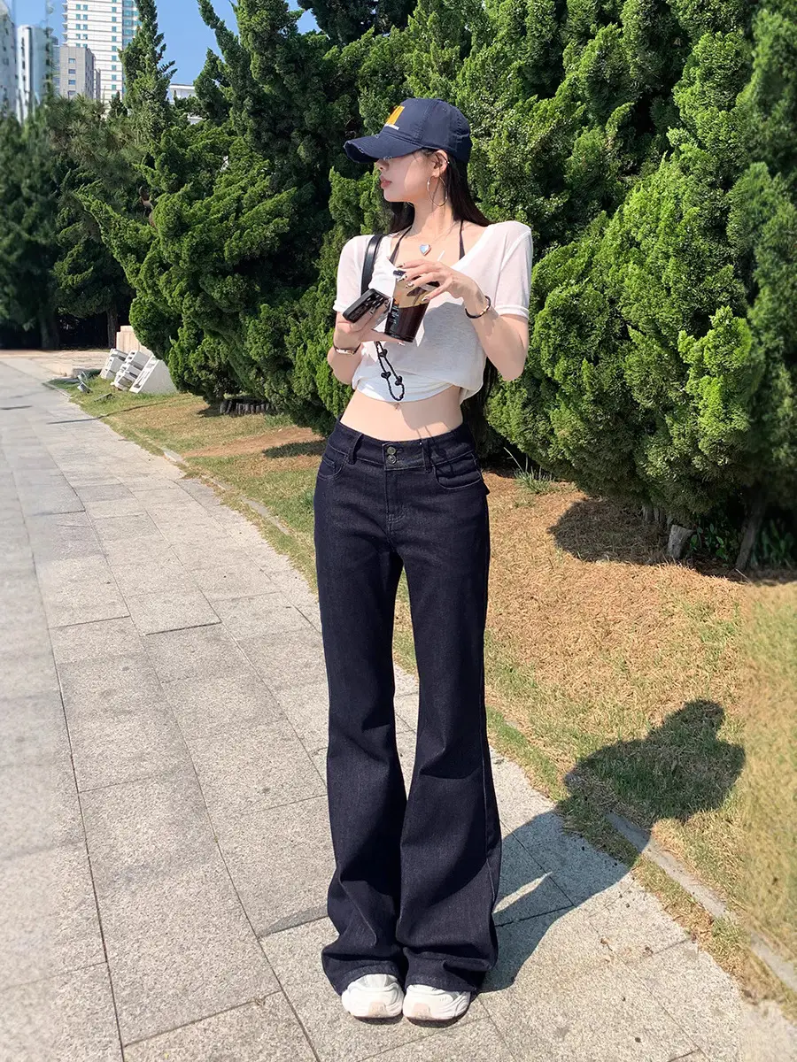 Dark Blue Micro-Flared Jeans Women Summer Slimming Stretchy
