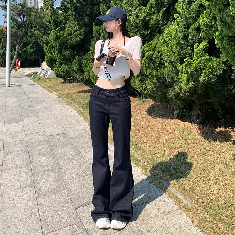 Dark Blue Micro-Flared Jeans Women Summer Slimming Stretchy
