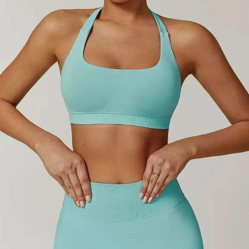 European and American Amazon Sports Halter Bra High-Elastic Sports Bra with Chest Pads Matte Nylon Yoga Fitness Bra — feature 5