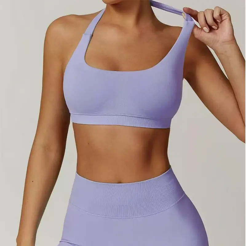 European and American Amazon Sports Halter Bra High-Elastic Sports Bra with Chest Pads Matte Nylon Yoga Fitness Bra — feature 9