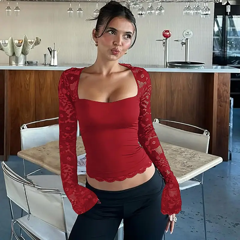 Maroon Lace Long Sleeve Top for Women 2025 — feature 24