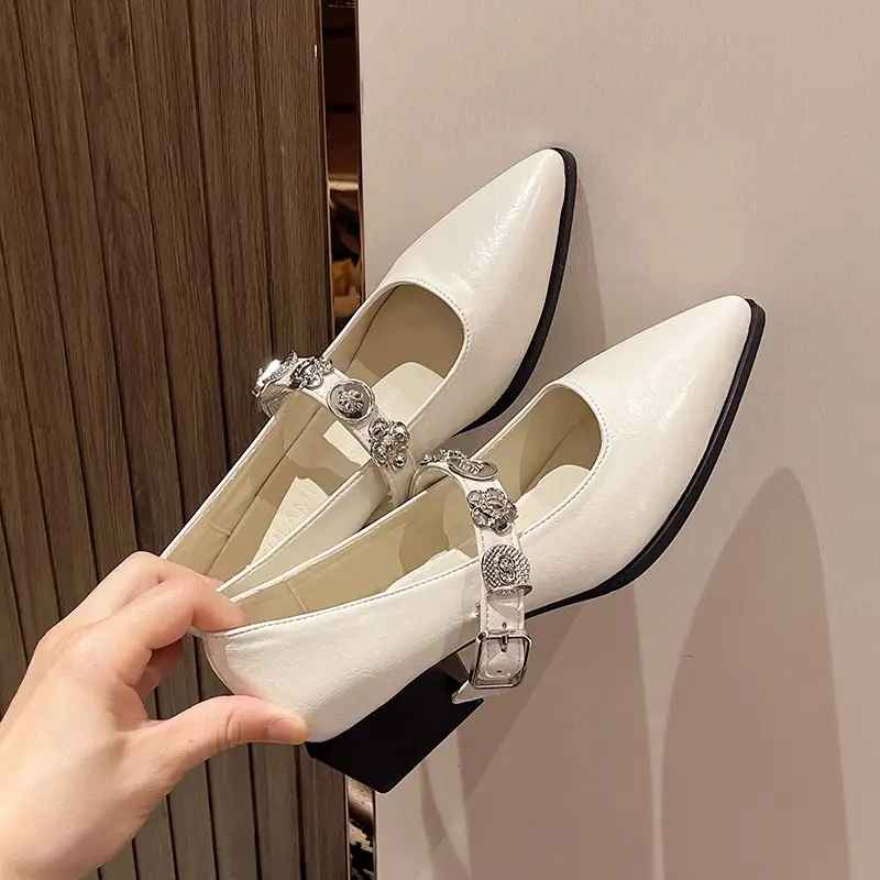 French-Style Pointed Mary Jane Women's Shoes 2025 New Model with Skirt, Shallow Mouth, Single Strap, Metal Buckle, Commuter Elegant Shoes - Image 4