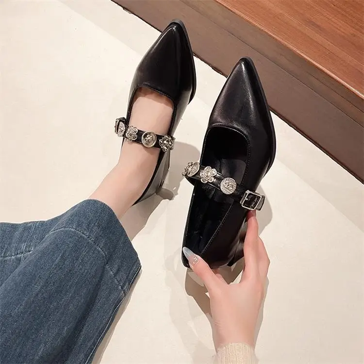 French-Style Pointed Mary Jane Women's Shoes 2025 New Model with Skirt, Shallow Mouth, Single Strap, Metal Buckle, Commuter Elegant Shoes — feature 2