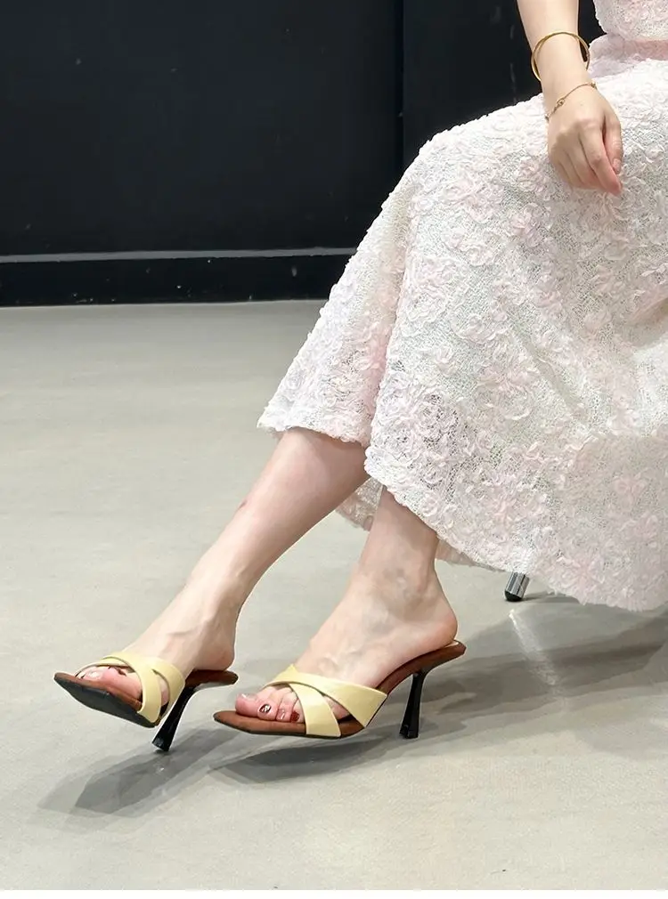 European and American Style Square-Toe Cross-Strap Color-Blocked Slip-On Sandals for Women, 2026 Summer New Open-Toe Stiletto Fashion High-Heeled Slippers — feature 9