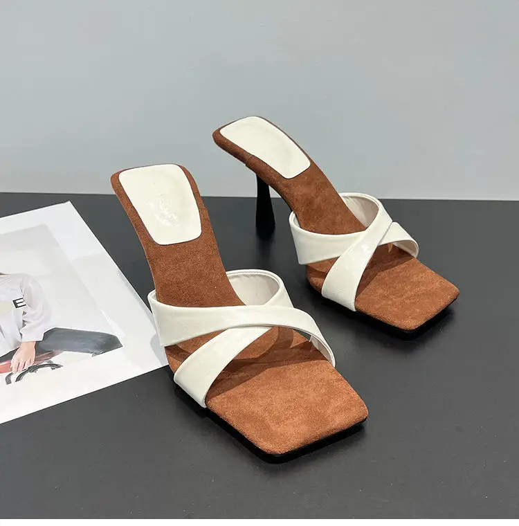 European and American Style Square-Toe Cross-Strap Color-Blocked Slip-On Sandals for Women, 2026 Summer New Open-Toe Stiletto Fashion High-Heeled Slippers — feature 11