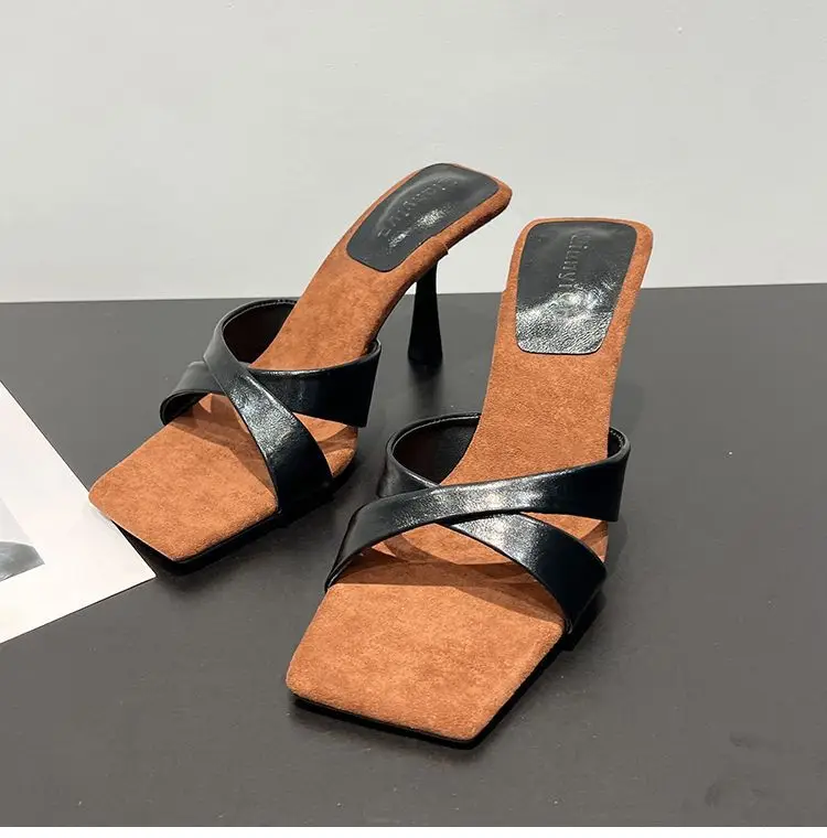 European and American Style Square-Toe Cross-Strap Color-Blocked Slip-On Sandals for Women, 2026 Summer New Open-Toe Stiletto Fashion High-Heeled Slippers — feature 13