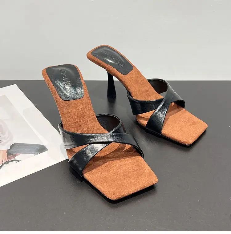 European and American Style Square-Toe Cross-Strap Color-Blocked Slip-On Sandals for Women, 2026 Summer New Open-Toe Stiletto Fashion High-Heeled Slippers — feature 14