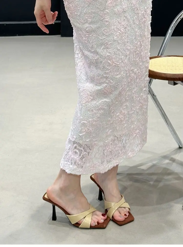 European and American Style Square-Toe Cross-Strap Color-Blocked Slip-On Sandals for Women, 2026 Summer New Open-Toe Stiletto Fashion High-Heeled Slippers — feature 3