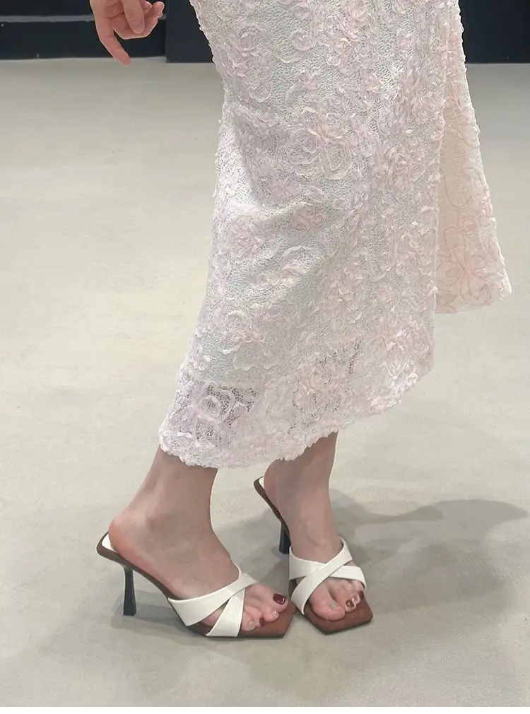 European and American Style Square-Toe Cross-Strap Color-Blocked Slip-On Sandals for Women, 2026 Summer New Open-Toe Stiletto Fashion High-Heeled Slippers — feature 5