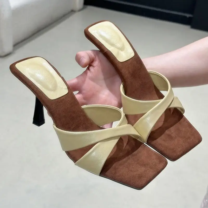 European and American Style Square-Toe Cross-Strap Color-Blocked Slip-On Sandals for Women, 2026 Summer New Open-Toe Stiletto Fashion High-Heeled Slippers - Image 2