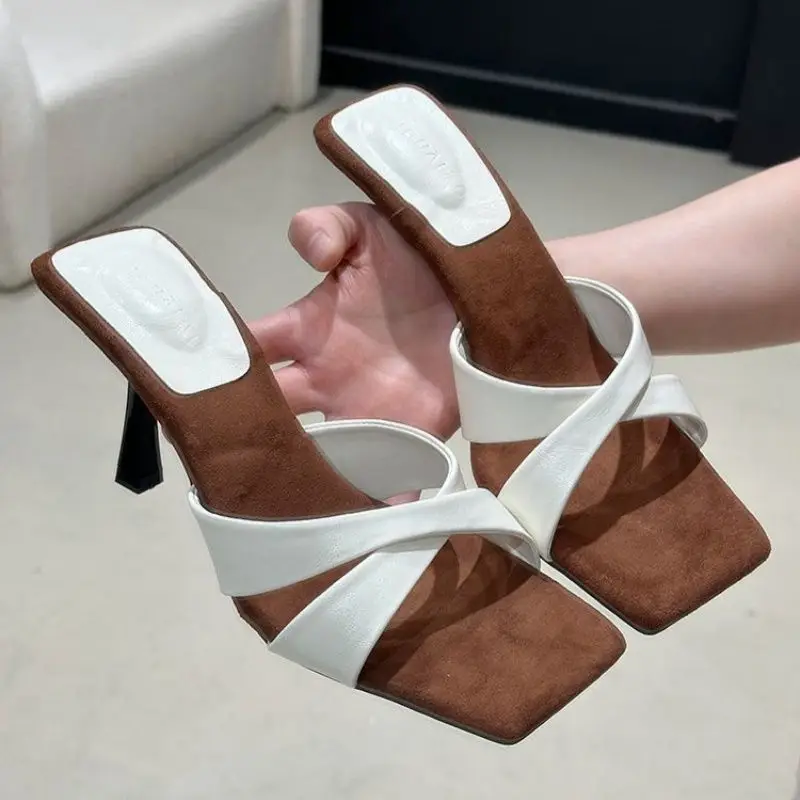 European and American Style Square-Toe Cross-Strap Color-Blocked Slip-On Sandals for Women, 2026 Summer New Open-Toe Stiletto Fashion High-Heeled Slippers - Image 3