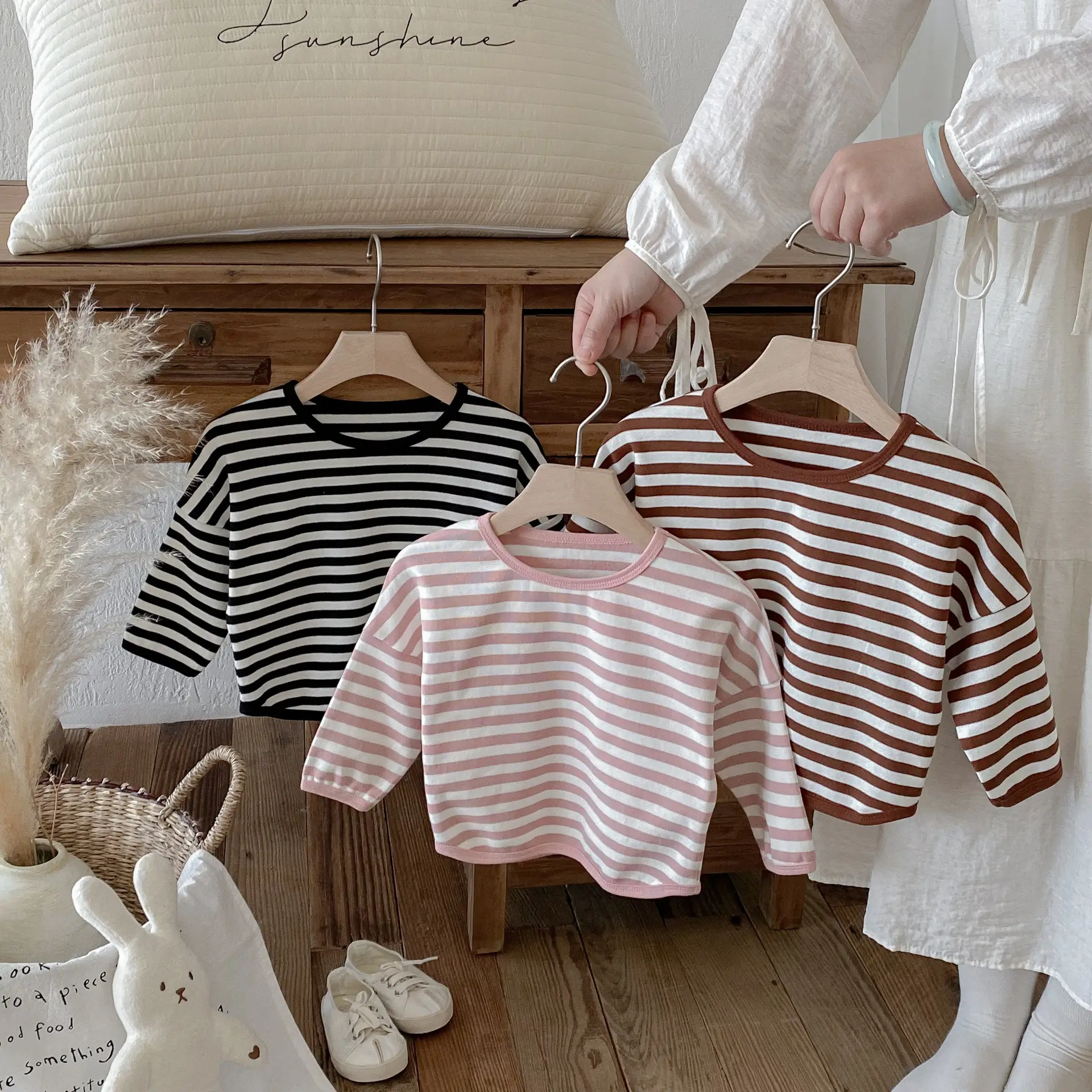 Children Striped T-Shirt Boys Girls Off Shoulder Spring Autumn - Image 5