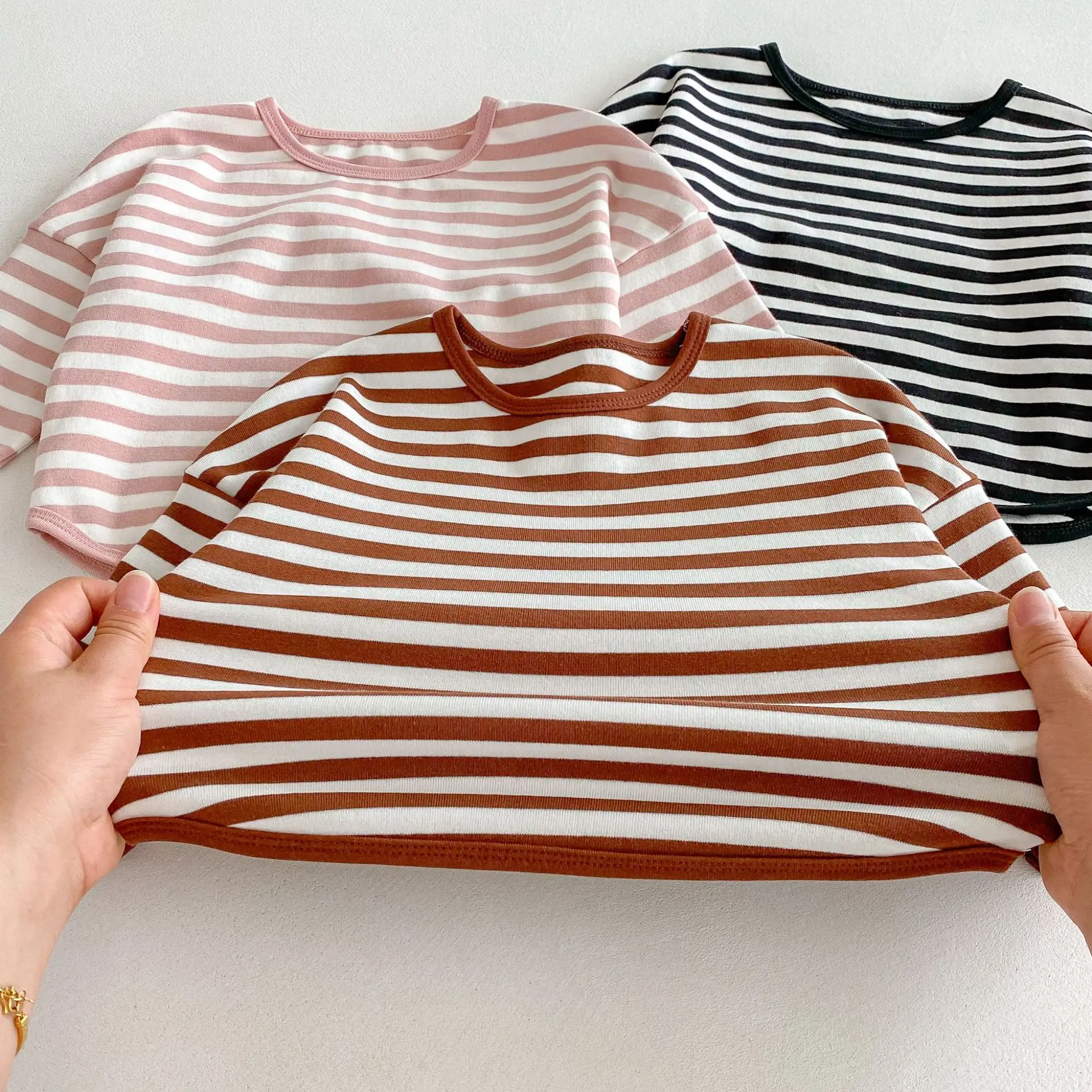 Children Striped T-Shirt Boys Girls Off Shoulder Spring Autumn - Image 7