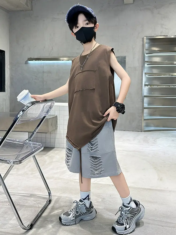Summer Boys Sleeveless Vest Shorts Suit Brown Grey Kids - Image 4