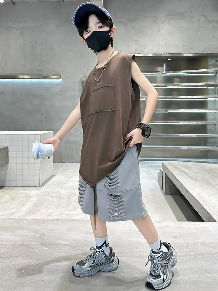 Summer Boys Sleeveless Vest Shorts Suit Brown Grey Kids - Image 5