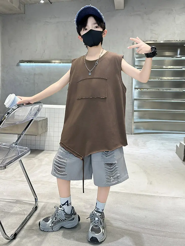 Summer Boys Sleeveless Vest Shorts Suit Brown Grey Kids - Image 6
