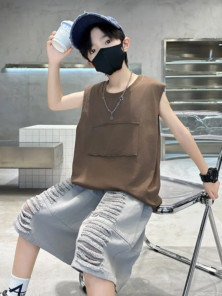 Summer Boys Sleeveless Vest Shorts Suit Brown Grey Kids - Image 7