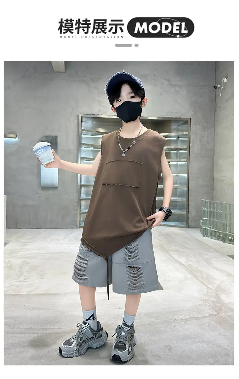 Summer Boys Sleeveless Vest Shorts Suit Brown Grey Kids — feature 13