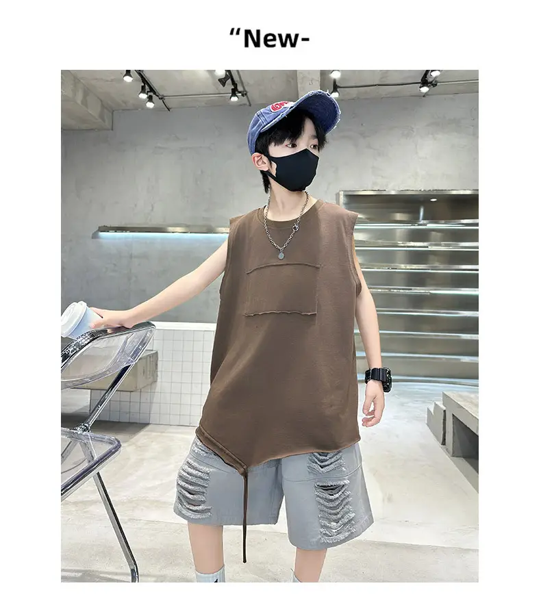 Summer Boys Sleeveless Vest Shorts Suit Brown Grey Kids — feature 14