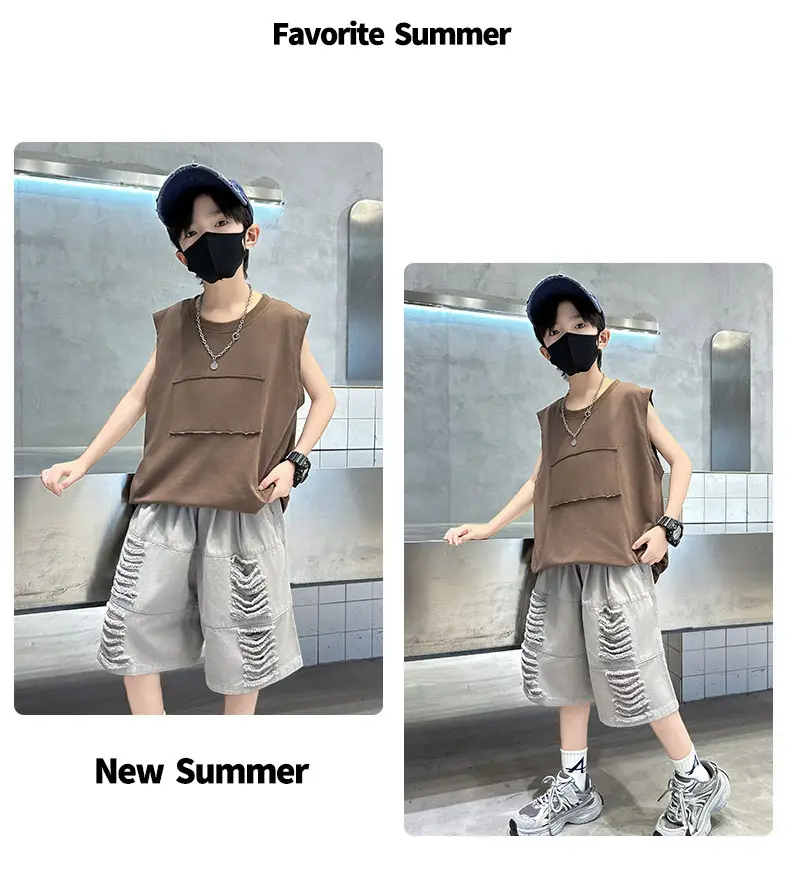 Summer Boys Sleeveless Vest Shorts Suit Brown Grey Kids — feature 15