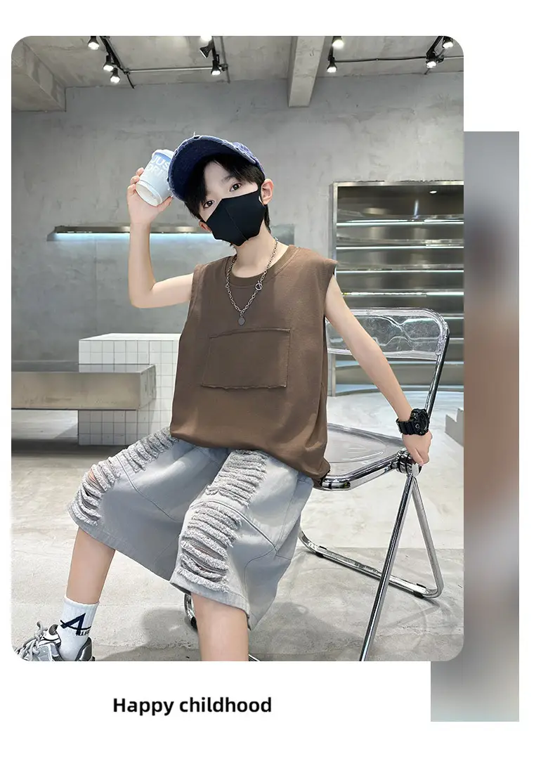 Summer Boys Sleeveless Vest Shorts Suit Brown Grey Kids — feature 16