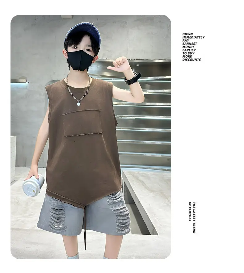 Summer Boys Sleeveless Vest Shorts Suit Brown Grey Kids — feature 17